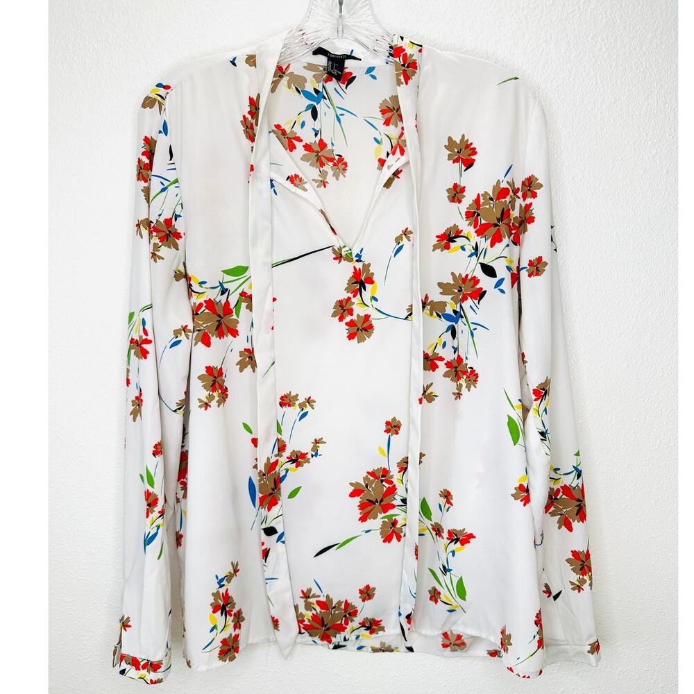 Off White Red Brown Blue Floral Long Sleeve Tie Neck Blouse Top L